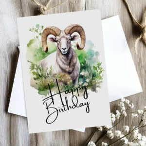Cheerful ram birthday card featuring vibrant colors and "Happy Birthday" text. Great for a ram lover's birthday celebration!