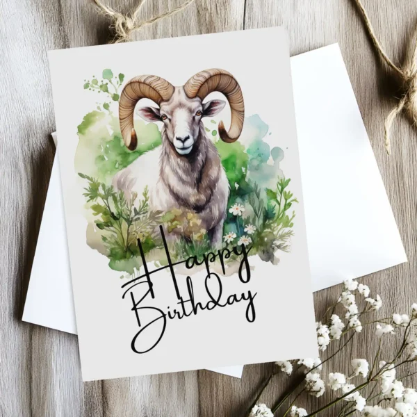 Cheerful ram birthday card featuring vibrant colors and "Happy Birthday" text. Great for a ram lover's birthday celebration!