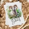 Whimsical birthday card displaying a happy ram with "Happy Birthday" written on it. Perfect for a ram-themed birthday!