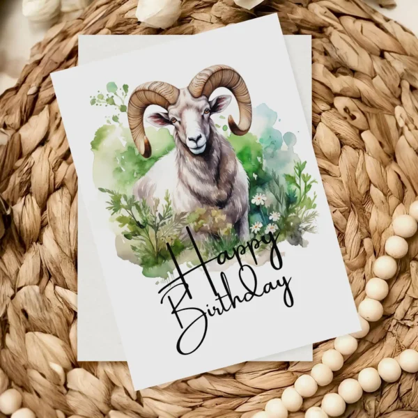 Whimsical birthday card displaying a happy ram with "Happy Birthday" written on it. Perfect for a ram-themed birthday!