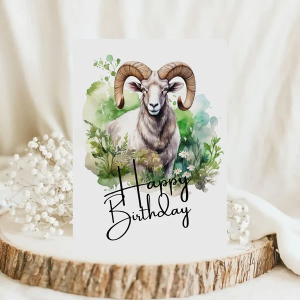 Colorful printable birthday card featuring a cheerful ram with "Happy Birthday" text. Perfect for celebrating a ram's birthday!