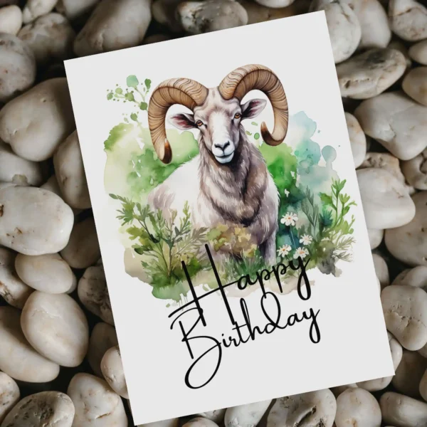 Festive birthday card design showcasing a joyful ram with "Happy Birthday" message. Ideal for a ram-themed celebration!