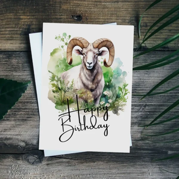 Printable birthday card with a smiling ram and "Happy Birthday" greeting. A fun way to celebrate a ram's special day!