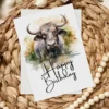Whimsical watercolor birthday card with a smiling water buffalo and a "Happy Birthday" message, ideal for printing.
