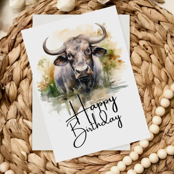 Whimsical watercolor birthday card with a smiling water buffalo and a "Happy Birthday" message, ideal for printing.