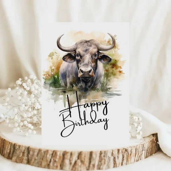 Watercolor birthday card featuring a cheerful water buffalo with a "Happy Birthday" message. Perfect for printing!