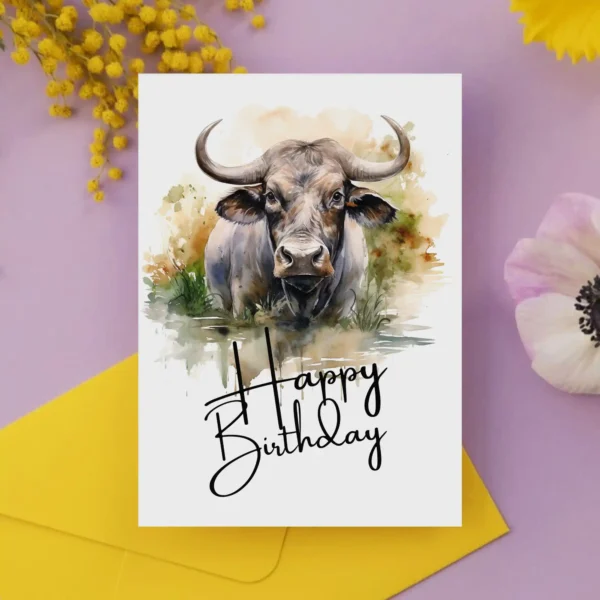 Printable birthday card with a joyful water buffalo illustration and "Happy Birthday" in a colorful watercolor style.