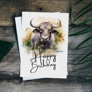 Happy birthday card design showcasing a playful water buffalo in watercolor, complete with a festive birthday message.