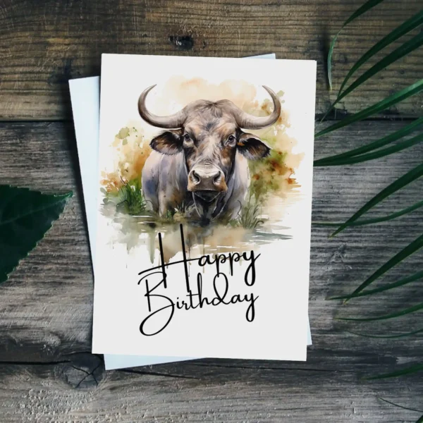 Happy birthday card design showcasing a playful water buffalo in watercolor, complete with a festive birthday message.