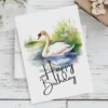 Happy birthday card showcasing a white swan in watercolor, set in nature, with a vibrant "Happy Birthday" text.
