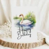 Watercolor birthday card featuring a happy swan in a natural setting with a cheerful "Happy Birthday" message.