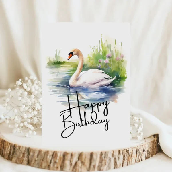 Watercolor birthday card featuring a happy swan in a natural setting with a cheerful "Happy Birthday" message.
