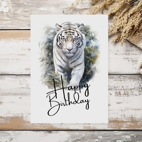 Cheerful birthday card with a watercolor white tiger in a natural environment, displaying "Happy Birthday" text.