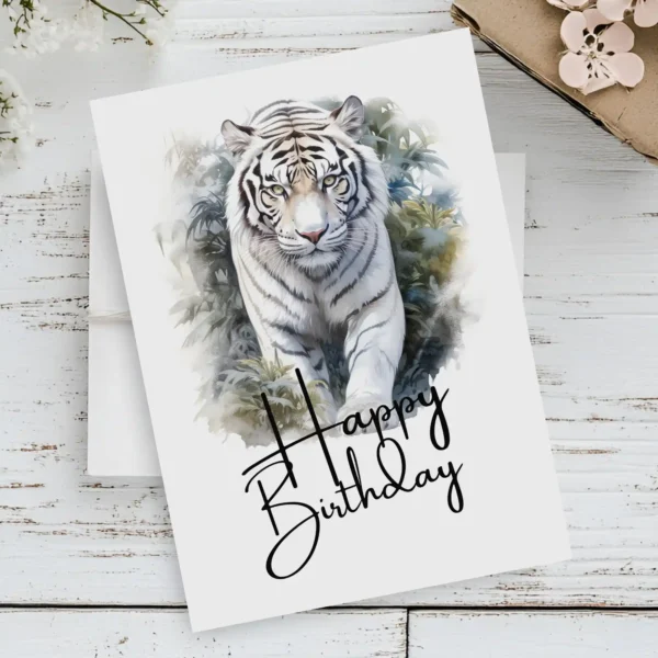 Watercolor birthday card featuring a white tiger in nature, with a cheerful "Happy Birthday" message.