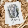 Happy birthday card showcasing a white tiger in a natural setting, illustrated in watercolor style.