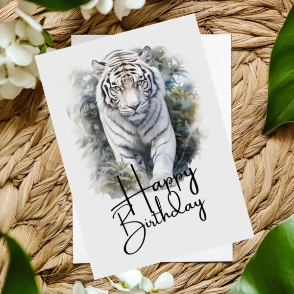 Printable birthday card with a watercolor white tiger in a natural scene, featuring a joyful "Happy Birthday" greeting.