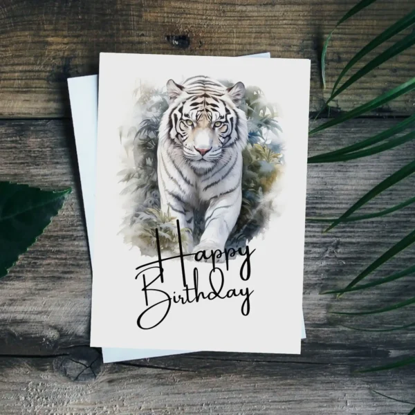 White tiger birthday card in watercolor, set in nature, with a vibrant "Happy Birthday" message.