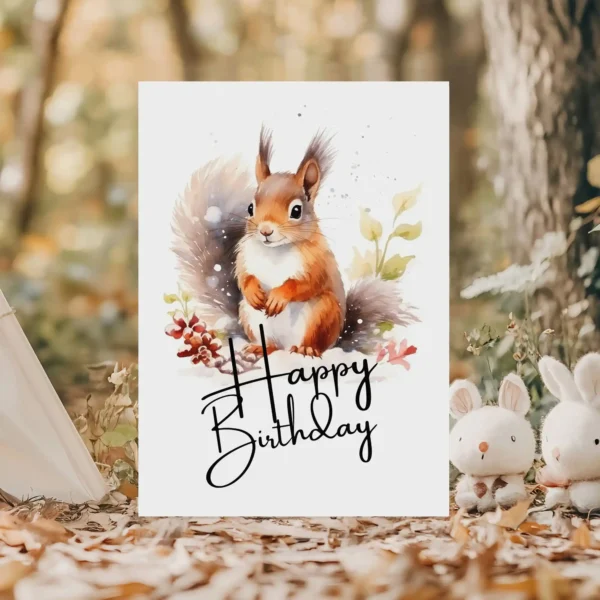 Cheerful birthday card with a watercolor squirrel in a natural winter setting, adorned with a "Happy Birthday" message.