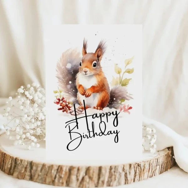 Watercolor birthday card featuring a cheerful squirrel in a natural setting with a "Happy Birthday" message.