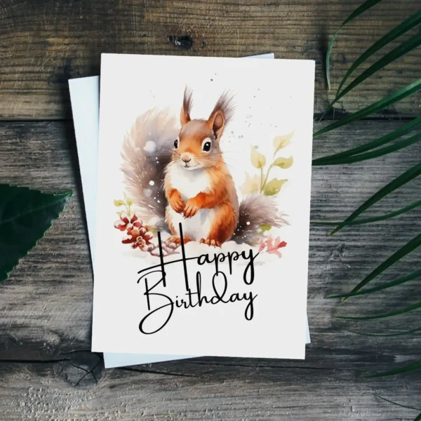 Happy birthday card with a joyful squirrel illustration in a winter scene, featuring a "Happy Birthday" greeting.