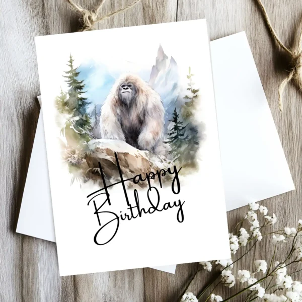 Watercolor Yeti birthday card in a natural setting with a cheerful "Happy Birthday" message. Perfect for a fun celebration!