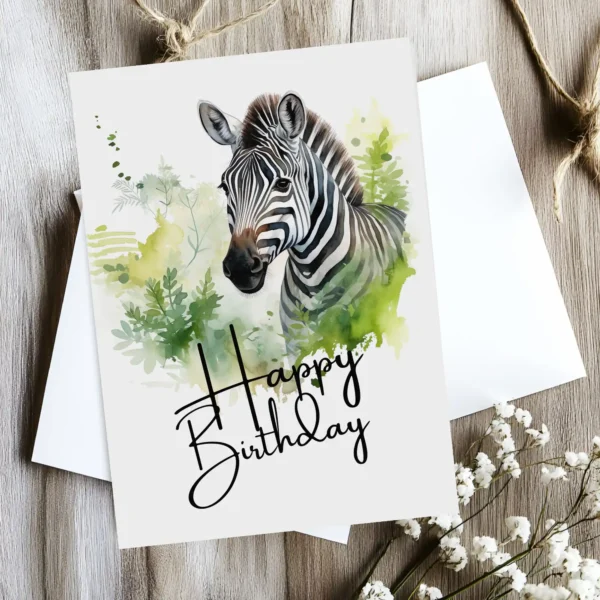 Cheerful zebra birthday card illustrated in watercolor, set outdoors, with a bright "Happy Birthday" text.