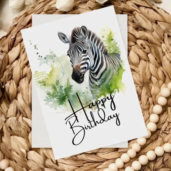 Watercolor birthday card showcasing a zebra in a natural environment, adorned with a festive "Happy Birthday" message.