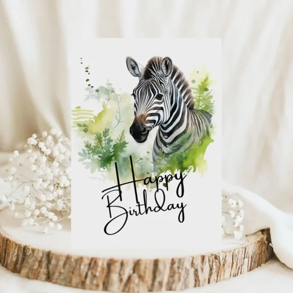 Watercolor zebra birthday card in a natural setting with a cheerful "Happy Birthday" message.