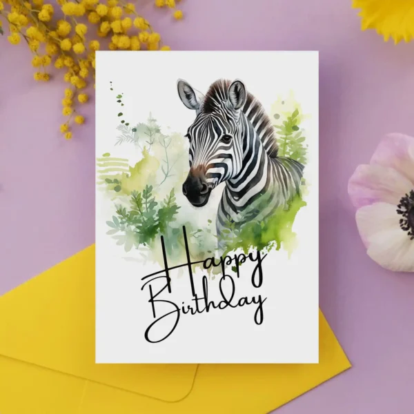 Happy birthday card featuring a zebra in a watercolor style, set in nature, with a joyful birthday greeting.