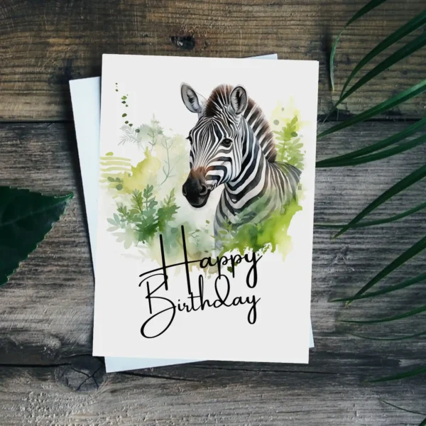 Printable birthday card with a watercolor zebra in a natural scene, displaying a vibrant "Happy Birthday" message.